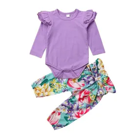 2 Pcs Set Baby Girls Cotton Ruffle Sleeves Solid Color Bodysuits And Floral Printed Pants