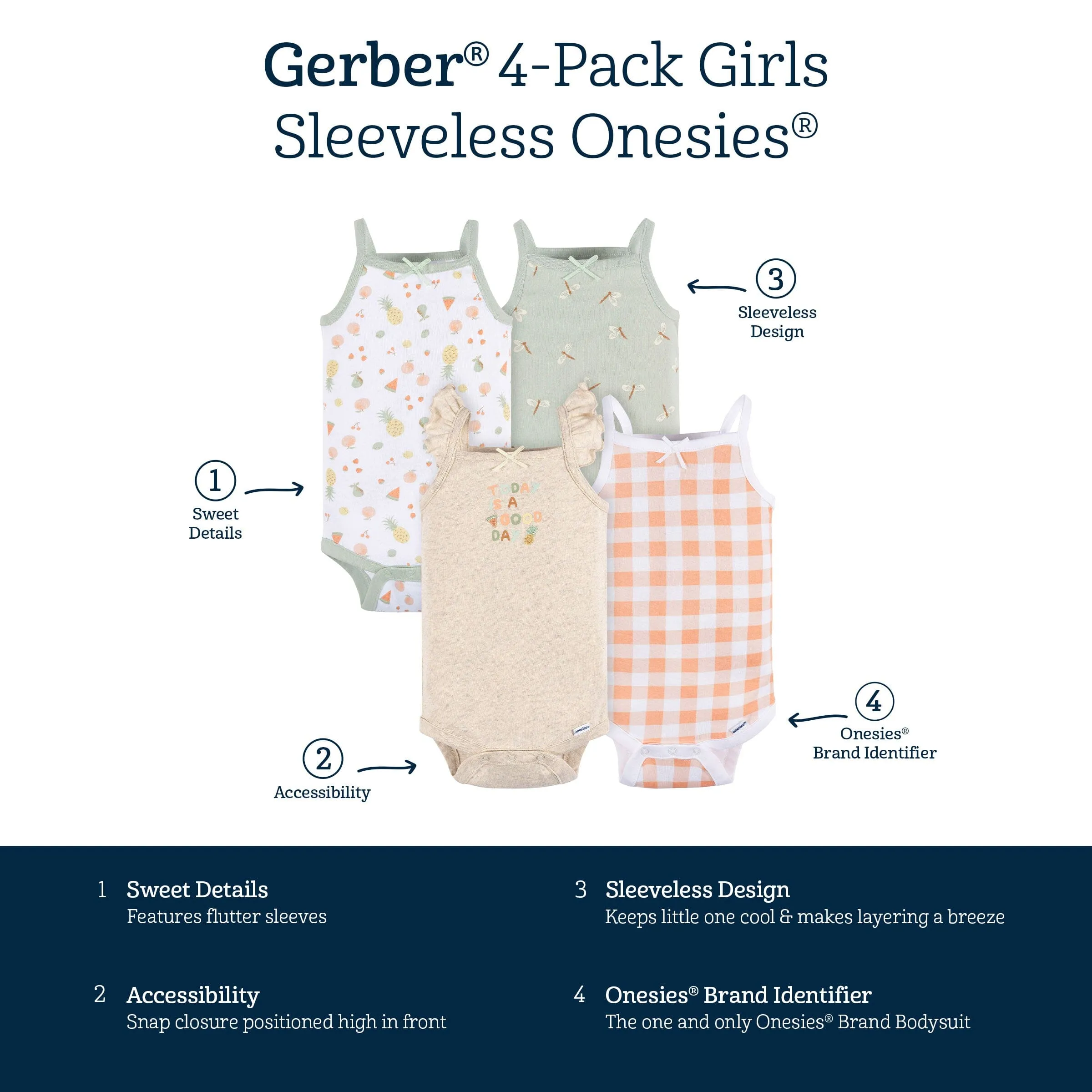 4-Pack Baby Girls Picnic Sleeveless Onesies® Bodysuits