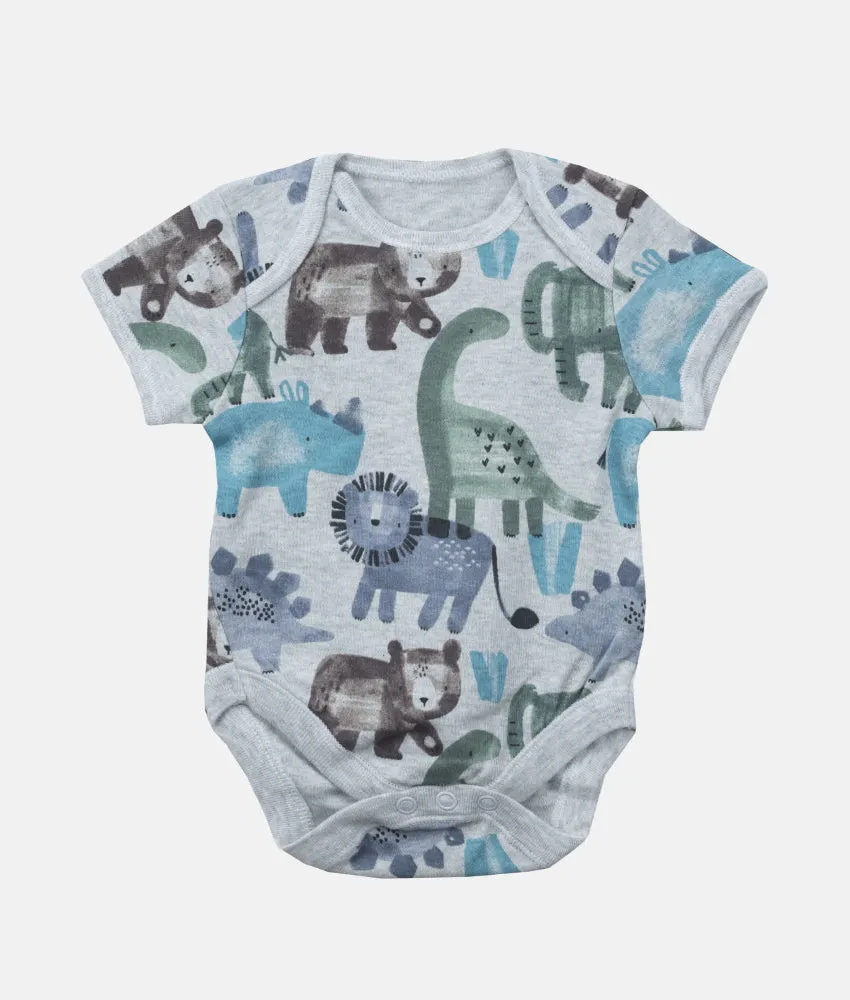 Baby Bodysuit - Dino & Friends Print - Grey