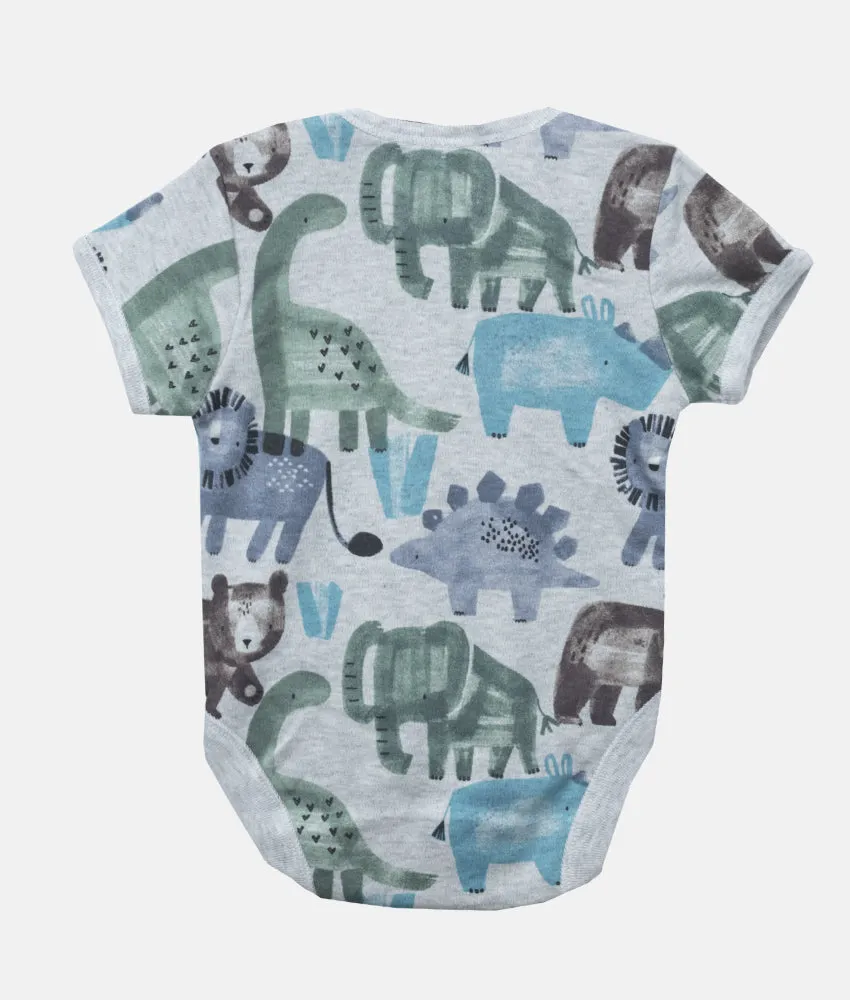 Baby Bodysuit - Dino & Friends Print - Grey