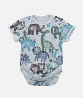 Baby Bodysuit - Dino & Friends Print - Grey