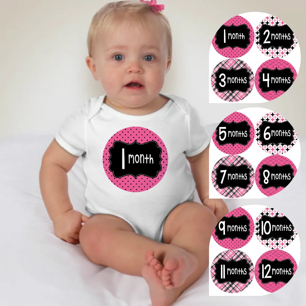 Baby Custom Monthly Onesies - Pink Black Patterns 3