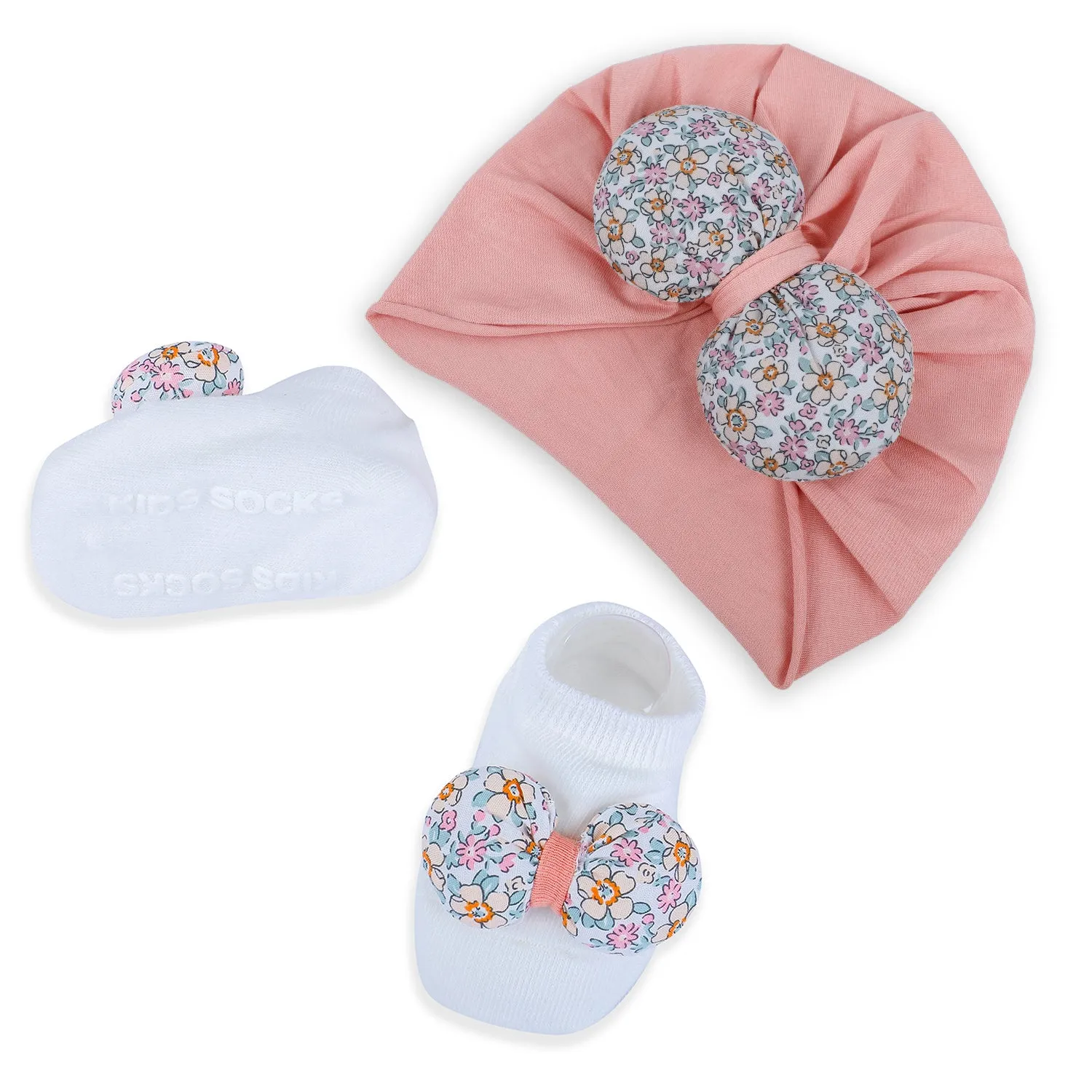 Baby Moo Floral Bow Matching Cap And Socks Set - Peach