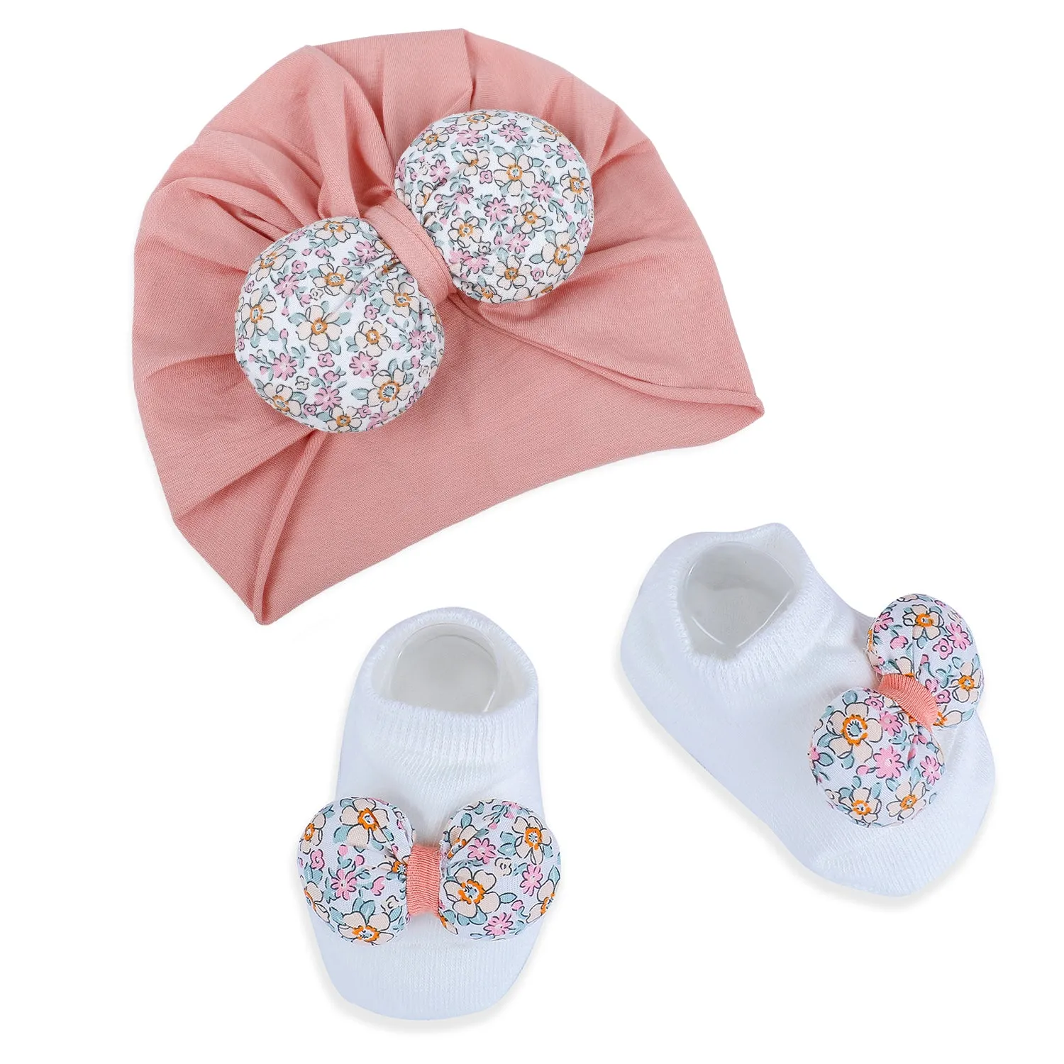 Baby Moo Floral Bow Matching Cap And Socks Set - Peach