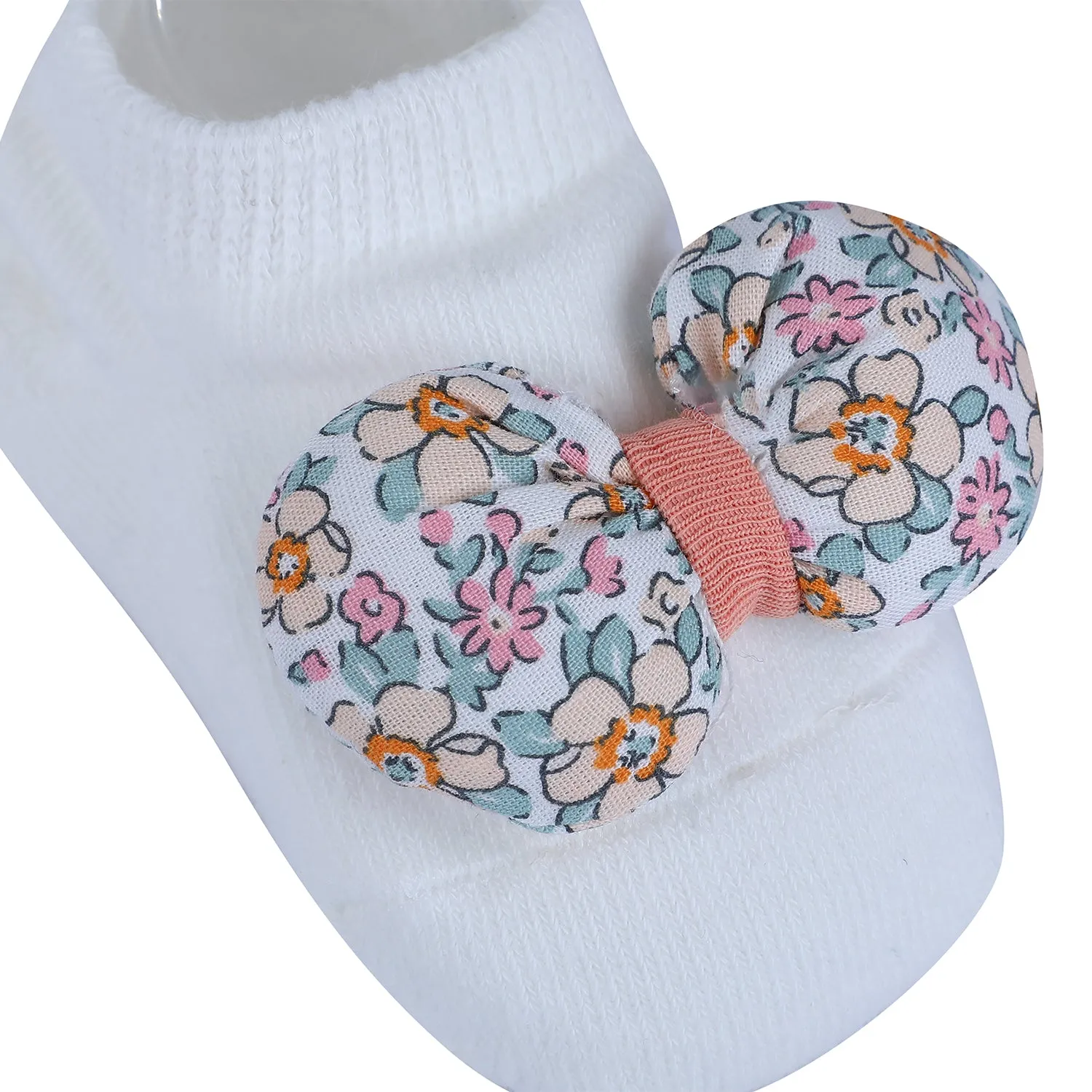 Baby Moo Floral Bow Matching Cap And Socks Set - Peach