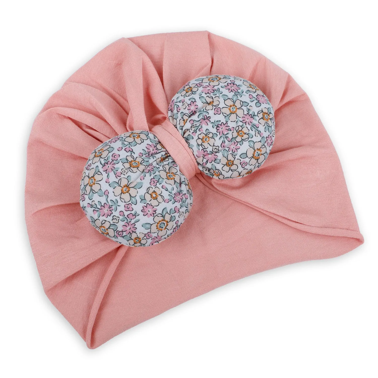 Baby Moo Floral Bow Matching Cap And Socks Set - Peach
