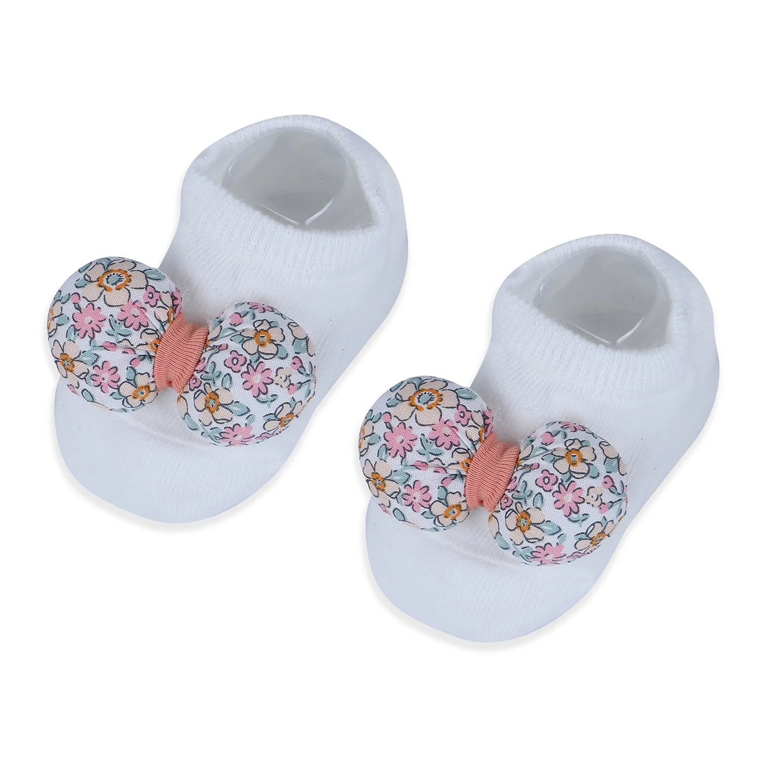 Baby Moo Floral Bow Matching Cap And Socks Set - Peach
