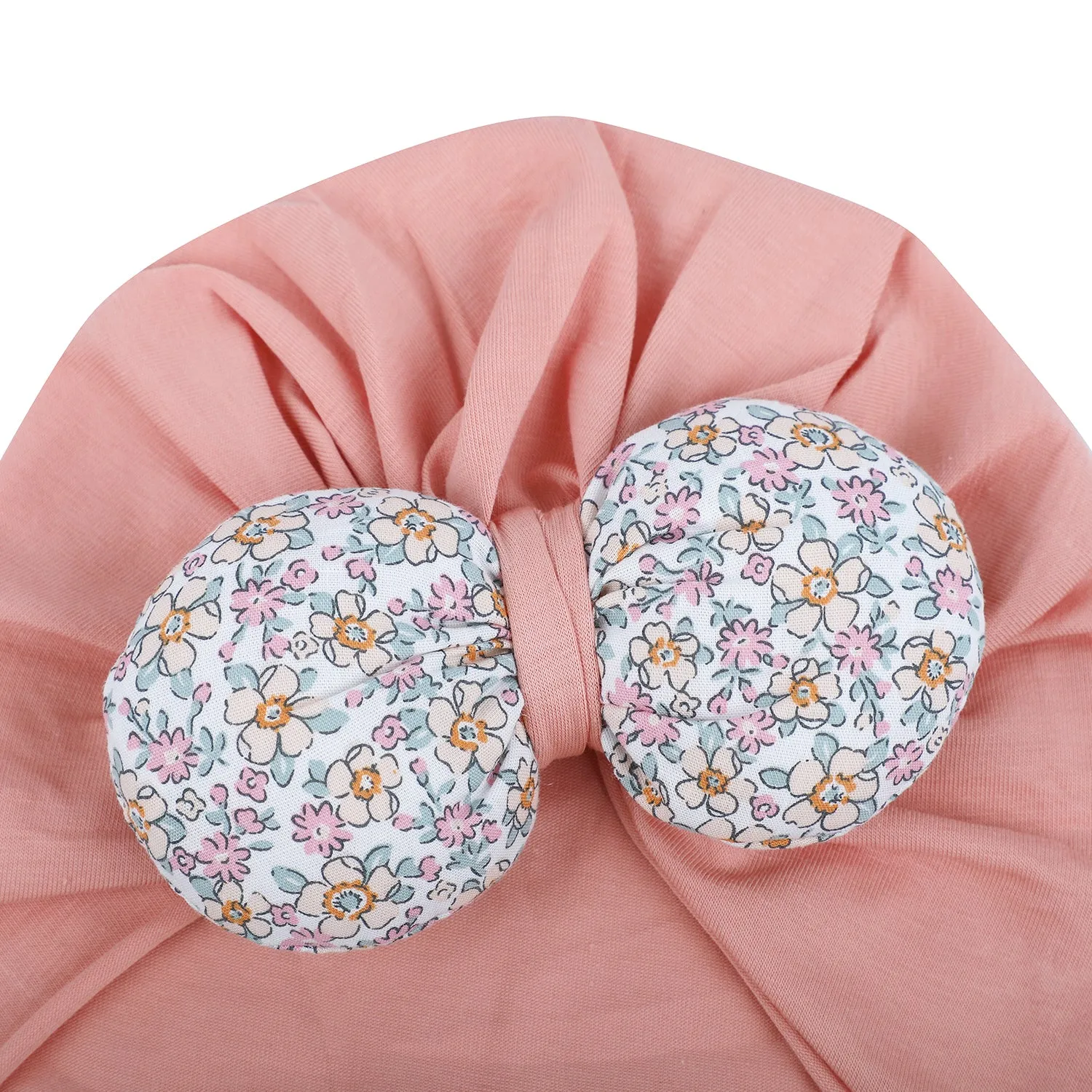 Baby Moo Floral Bow Matching Cap And Socks Set - Peach