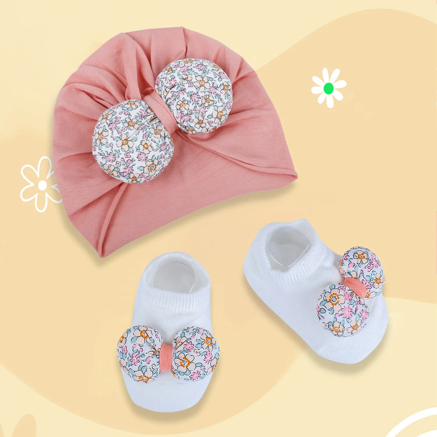 Baby Moo Floral Bow Matching Cap And Socks Set - Peach