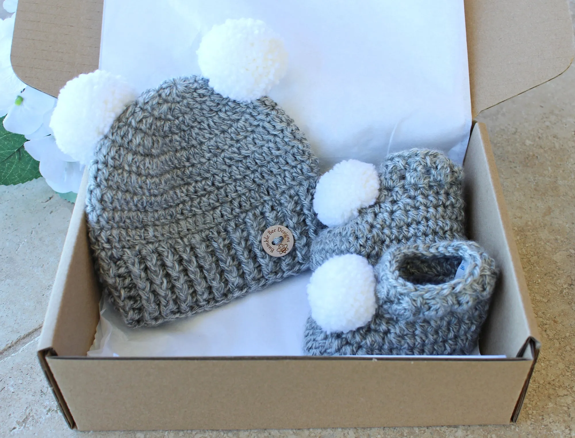Baby Pom Pom Crochet Hat - Crochet Baby Booties & Hat Set