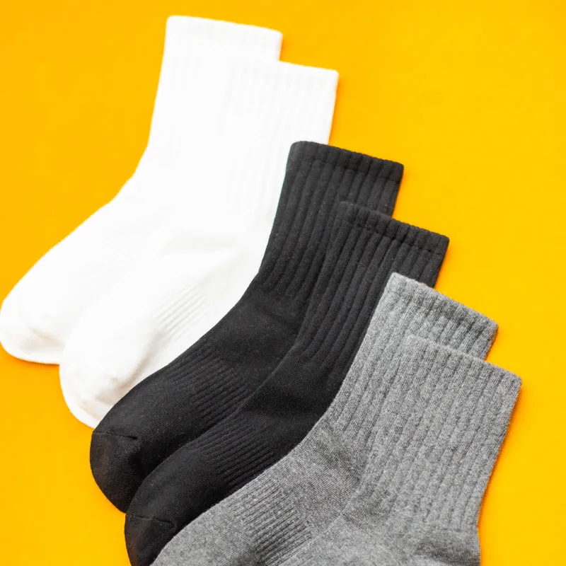 Basic Plain High Cut Crew Length Cotton Socks w/ Ribbed Leg and Foot Arch Support