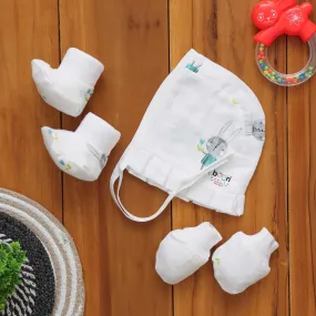 Charming Printed Muslin Cap Set with Mittens and Booties - Adorable Ensemble