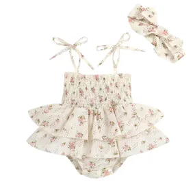 Cotton Sleeveless Ruffle Floral Romper with Headband