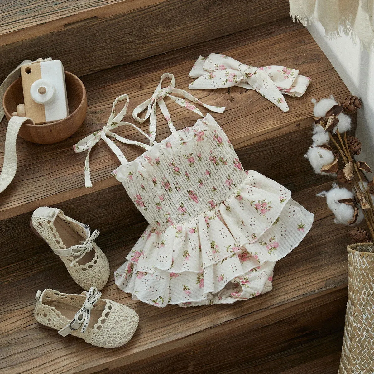 Cotton Sleeveless Ruffle Floral Romper with Headband