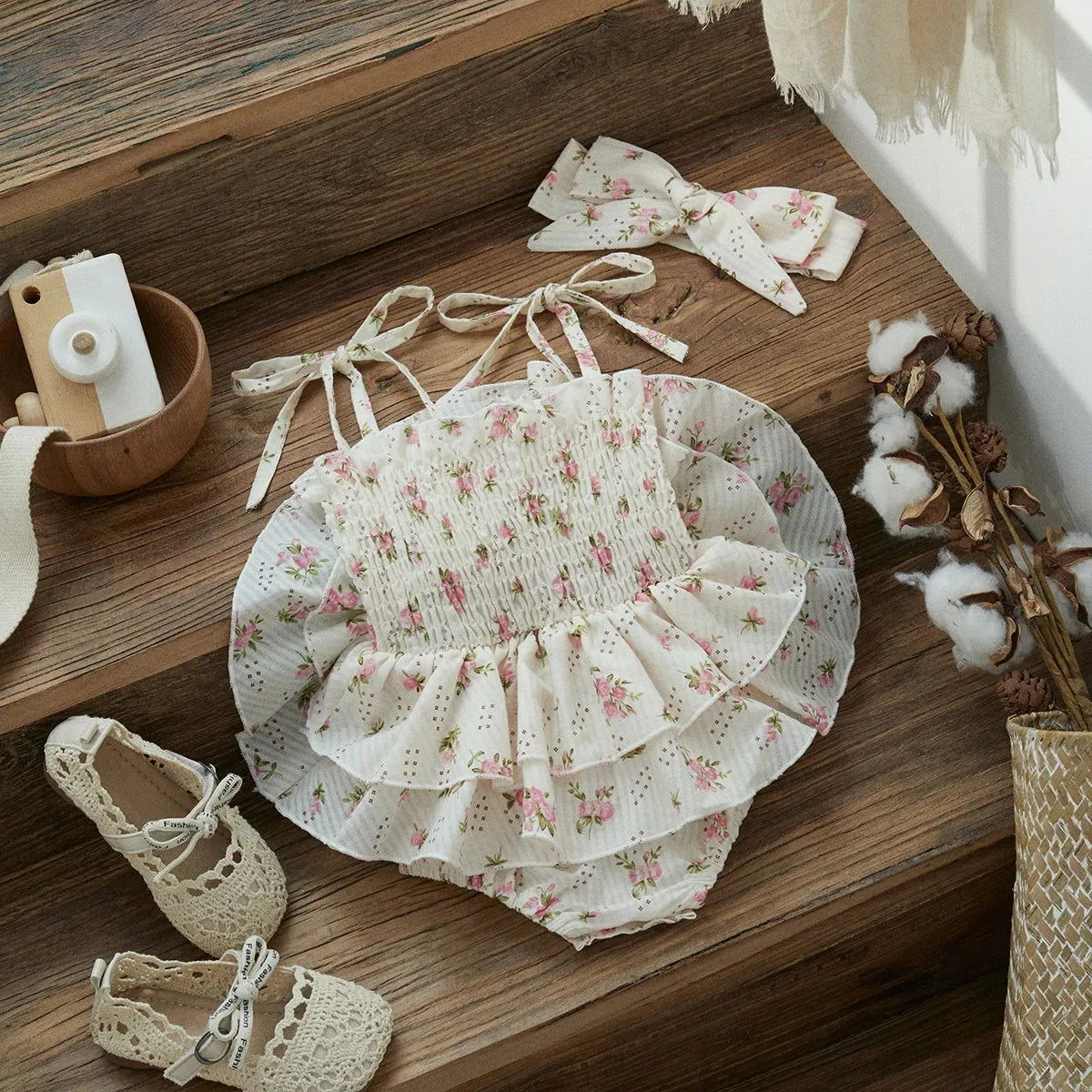 Cotton Sleeveless Ruffle Floral Romper with Headband