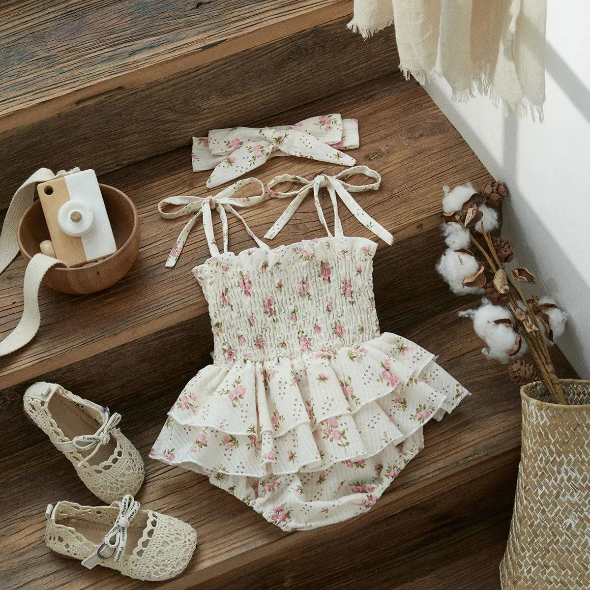 Cotton Sleeveless Ruffle Floral Romper with Headband