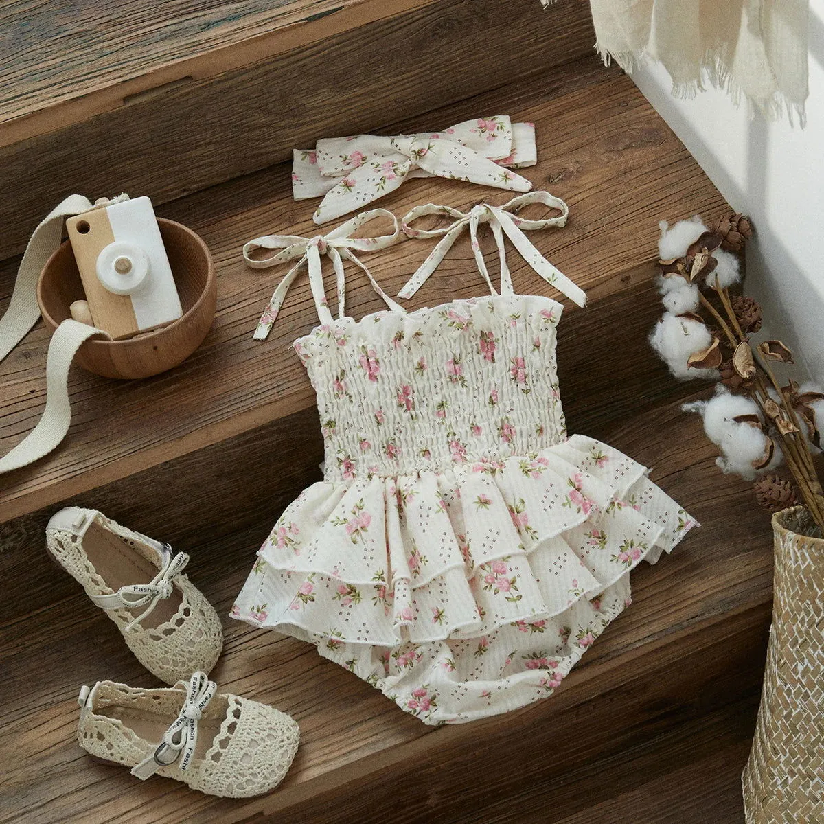 Cotton Sleeveless Ruffle Floral Romper with Headband