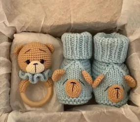 Crochet Bear Rattle Toy and Baby Booties Set
