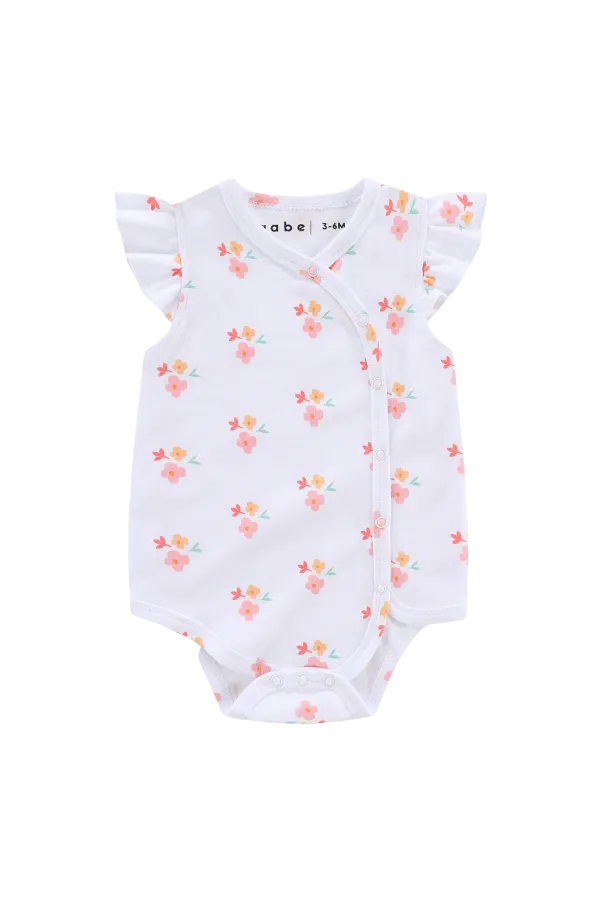 Organic Soft Kimono Fluttery Sleeve Bodysuit White Floral