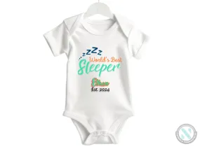 Personalized Name and Date Baby Boy Bodysuit "Worlds Best Sleeper"