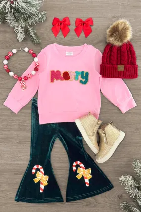 "Merry" Green Velvet Bell Bottom Set