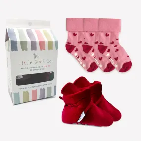 Stay-on, Non-Slip Crimson Red Velvet Booties   Amore Sock Bundle
