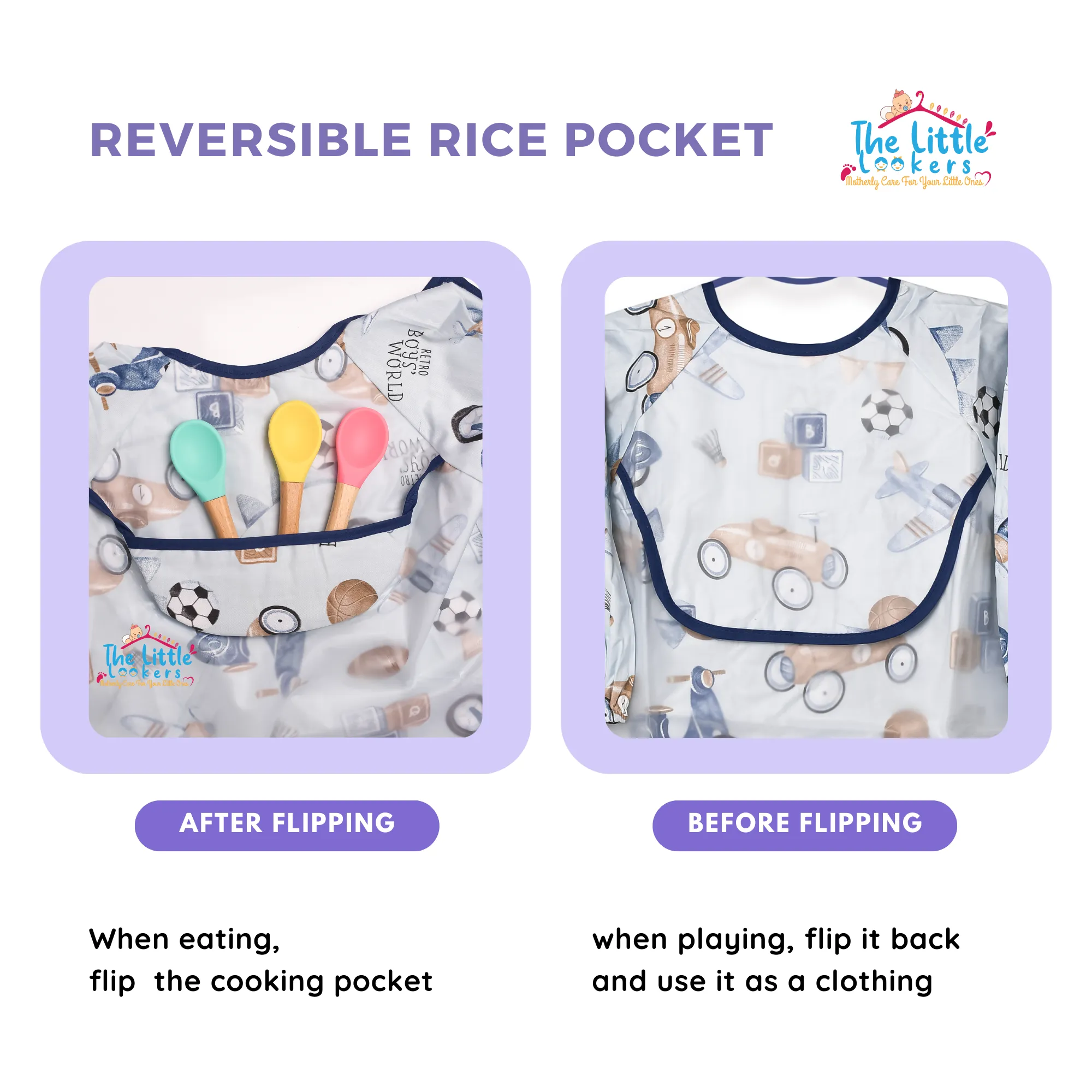 THE LITTLE LOOKERS Baby Bibs with Pocket Long Sleeved Bib for Toddlers, Kids I Washable, Lightweight & Waterproof, Bibs for 6 - 24 Months Baby (Pack of 2)