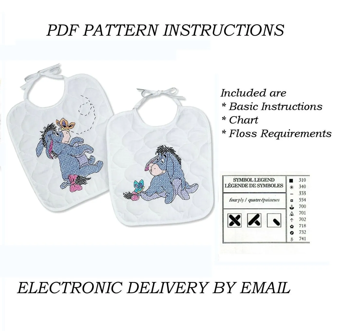 Vintage Walt Disney Eeyore Donkey Winnie The Pooh Counted Cross Stitch Baby Bib Pair Set Kit or PDF Pattern Chart Keepsake Baby Keepsake Baby Shower Gift 1134-36